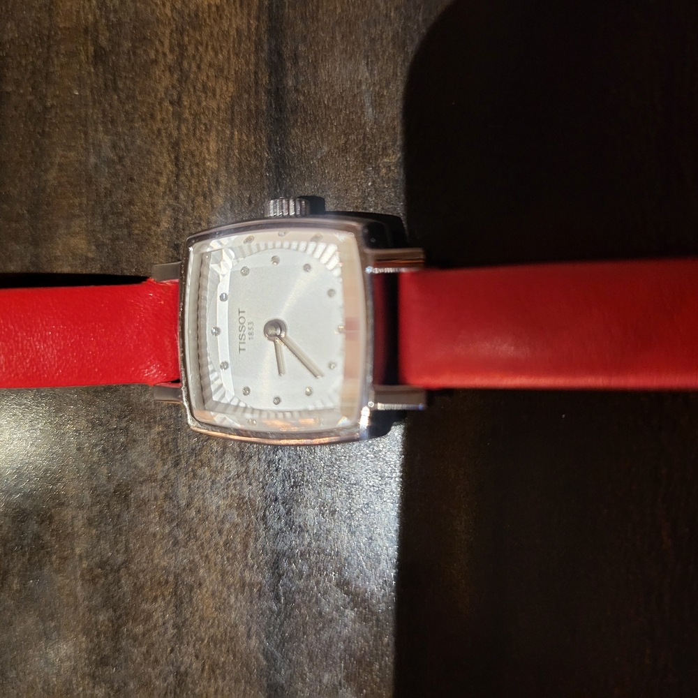 Tissot Silver Watch with Red Leather Strap